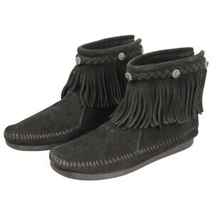 Minnetonka Shoes Women's Size 8 Black Suede Fringe Heel Zip Up Casual Wear